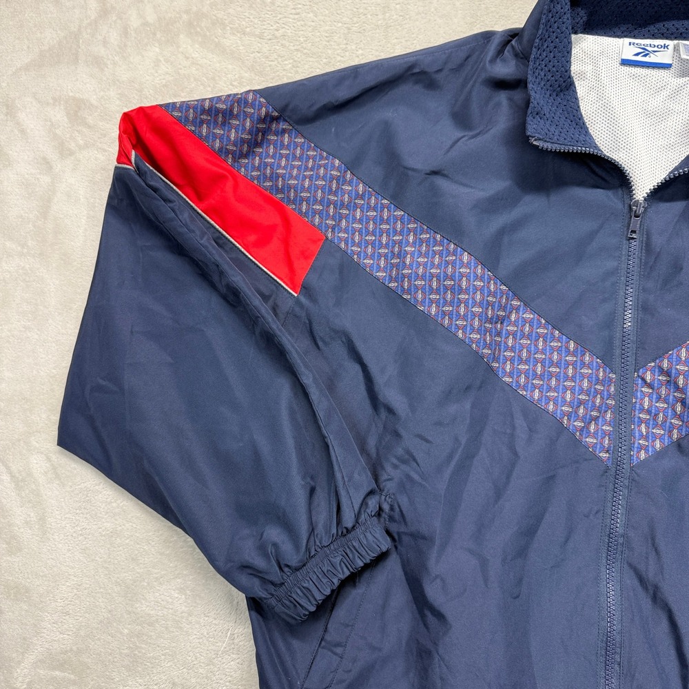 Vintage Reebok‎ Track Jacket Mens Medium Navy Blue Red Geometric Stripe Full Zip - Picture 6 of 12